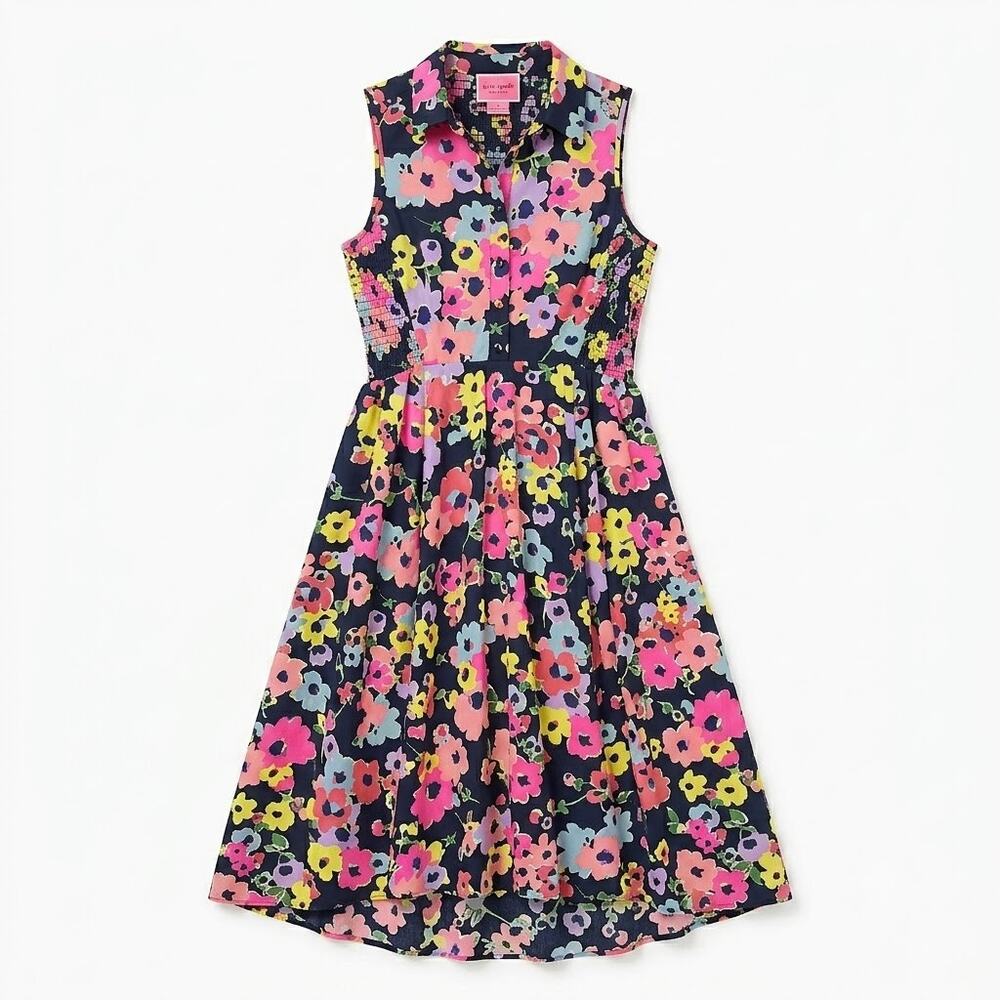 Kate Spade Wildflower Bouquet Midi Shirt Dress Black Pink Sleeveless Womens 4